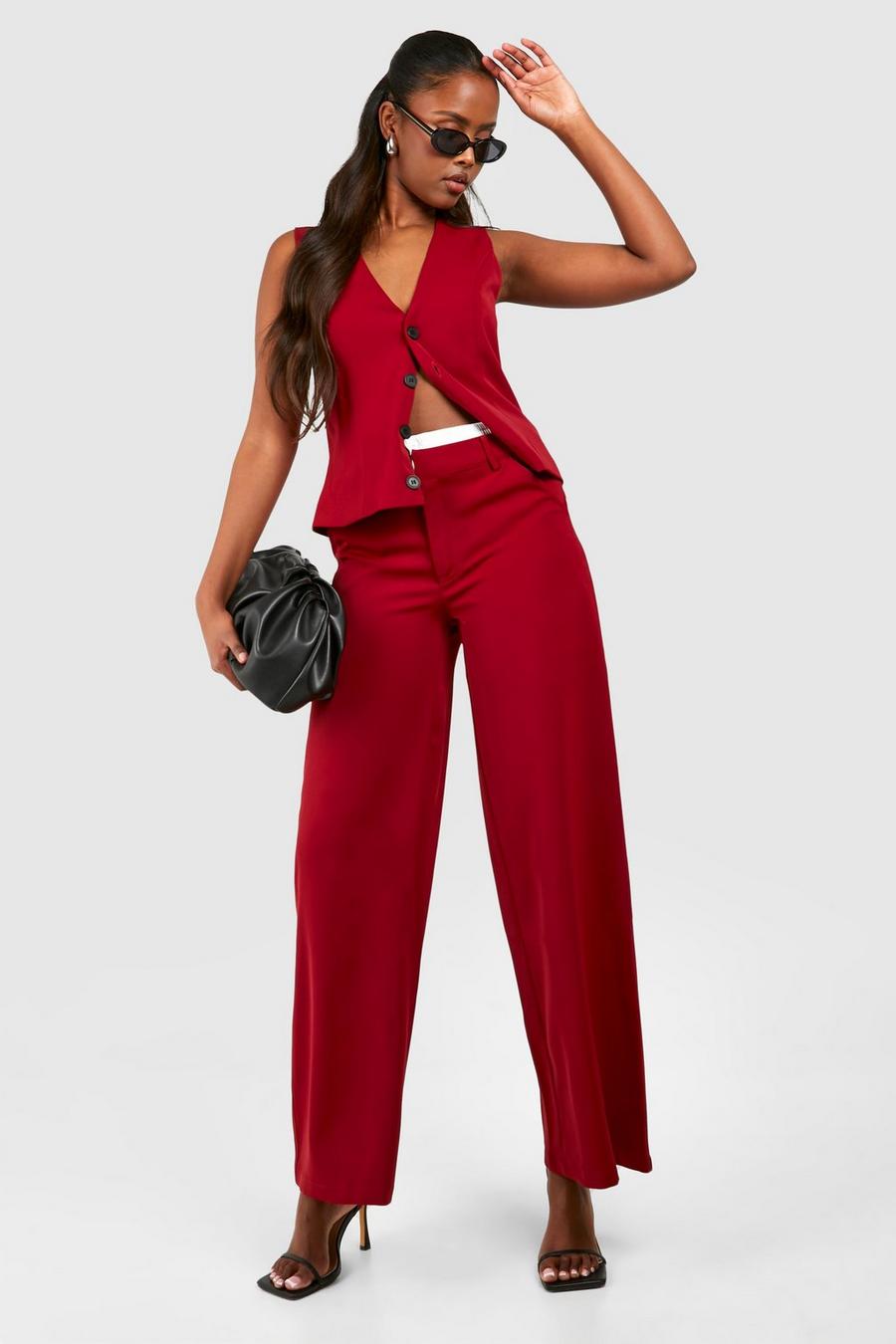 Cherry Contrast Waistband Wide Leg Tailored Trousers
