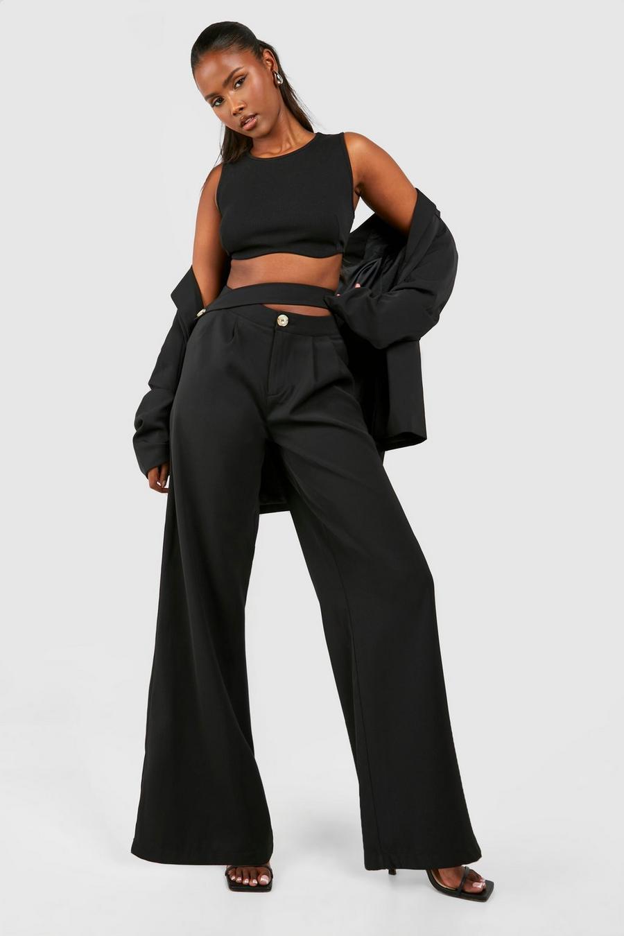 Black Tab Front Pleat Detail Wide Leg Trousers image number 1
