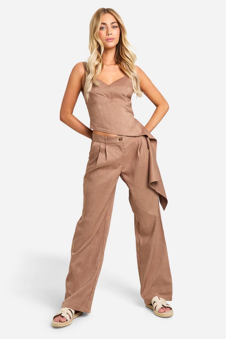 Chocolate Linen Look Pleat Front Wide Leg Trousers image number 1