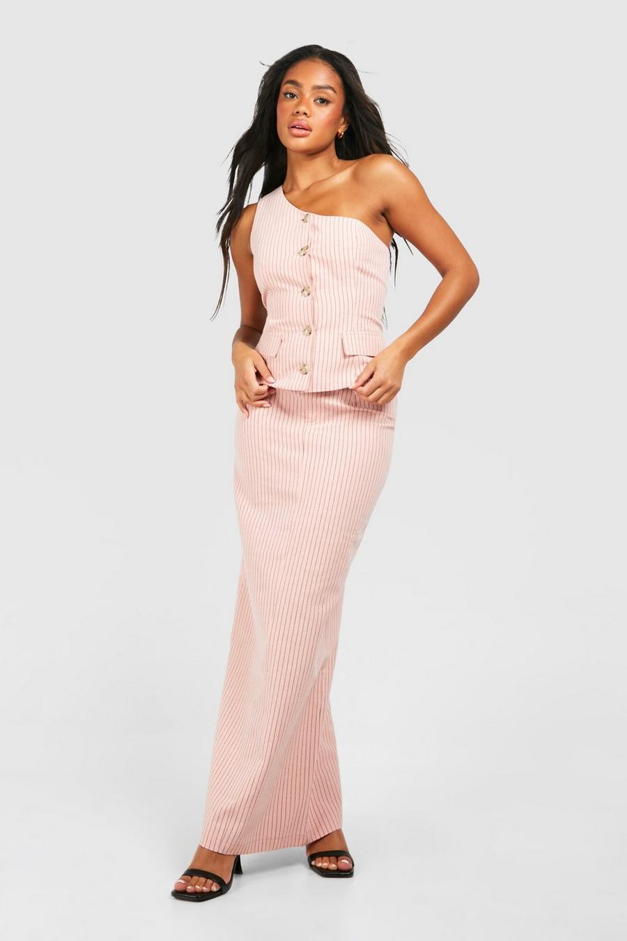 Pastel Pink Pinstripe Column Maxi Skirt image number 1