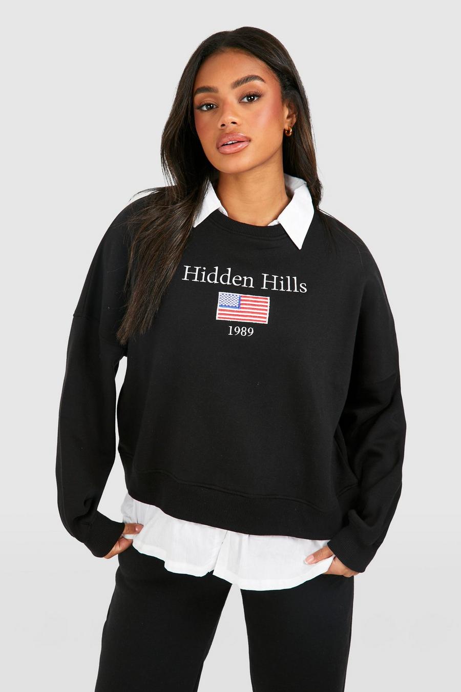 Sudadera oversize con inserción de popelina y eslogan de Hidden Hills, Black