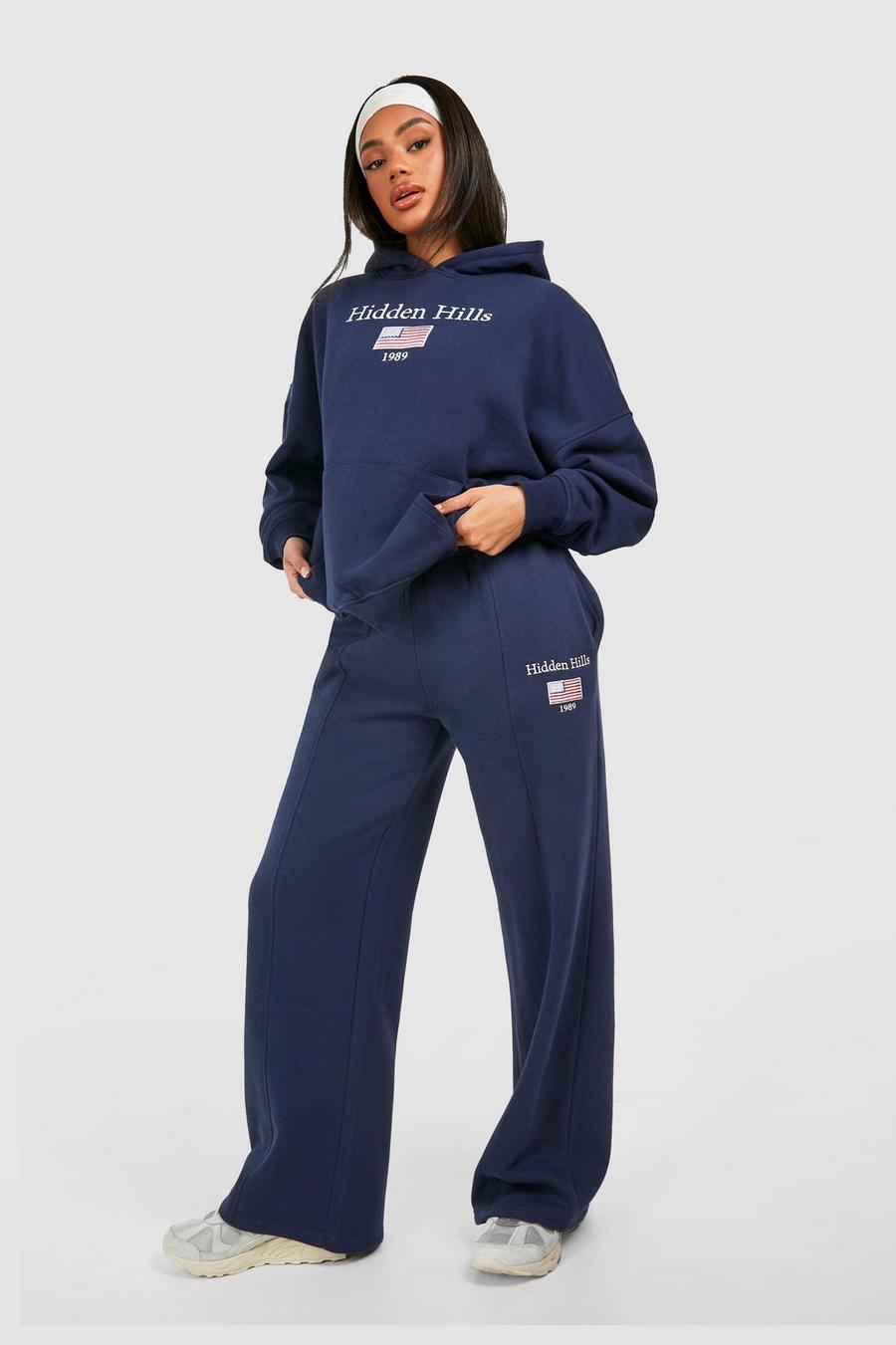 Navy Hidden Hills Geborduurde Joggingbroek Met Dubbele Tailleband