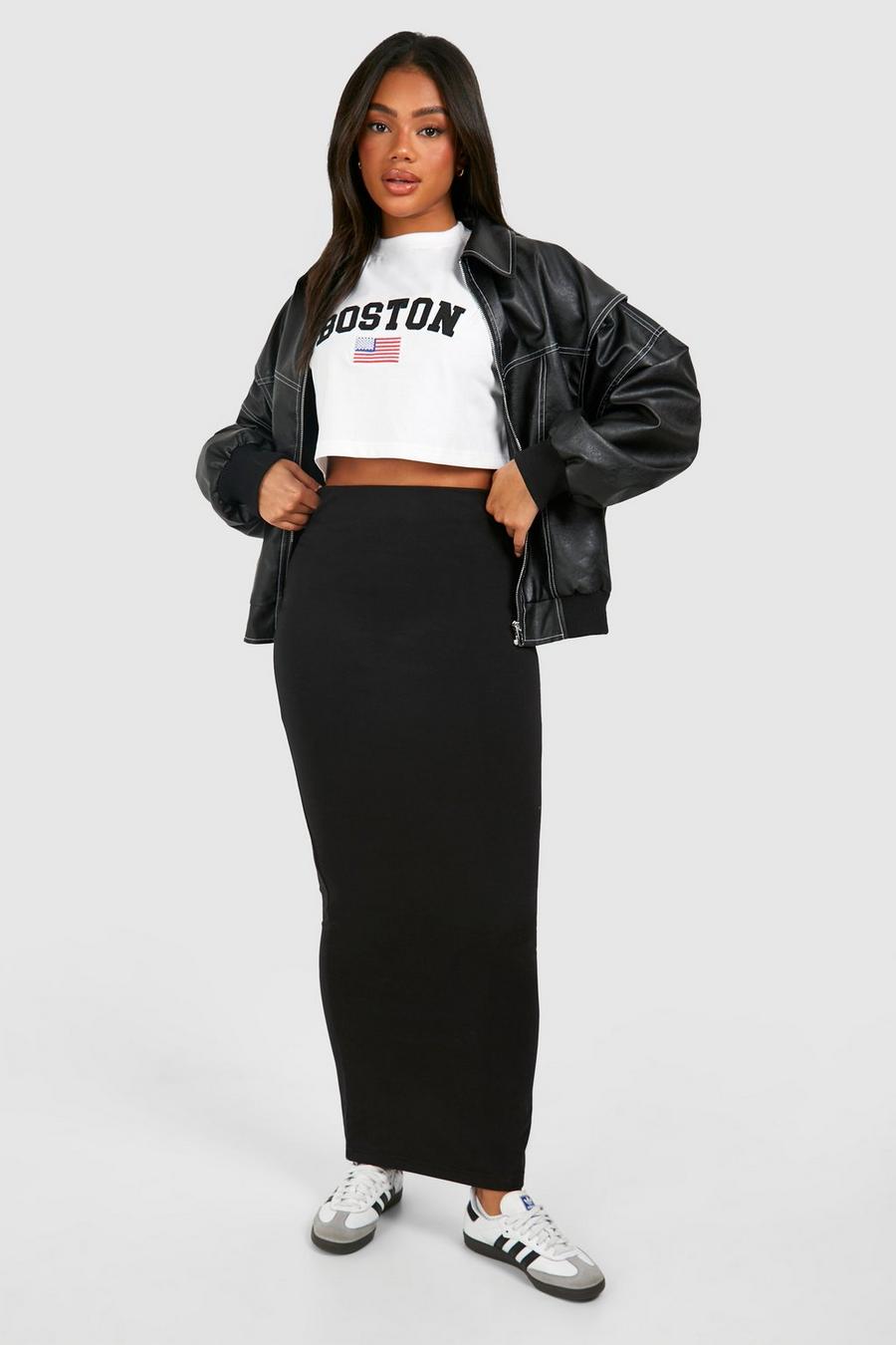 Black Boston Slogan Cropped T-shirt And Skirt Set  image number 1