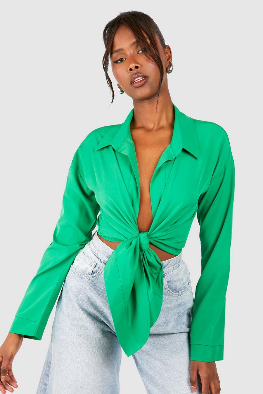 Langärmlige Bluse mit Knoten vorne, Green