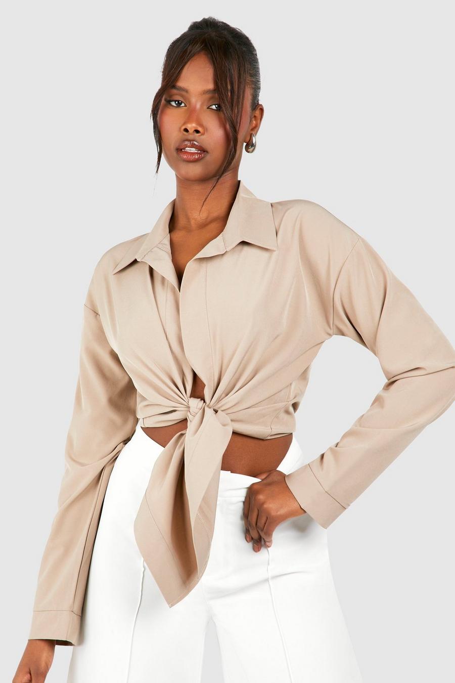 Taupe Knot Front Long Sleeve Blouse
