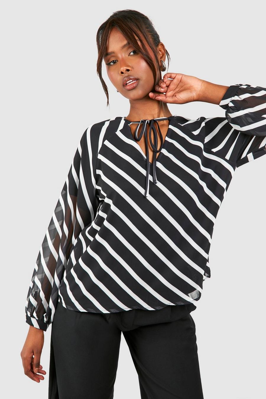 Chiffon Stripe Long Sleeve Blouse  image number 1