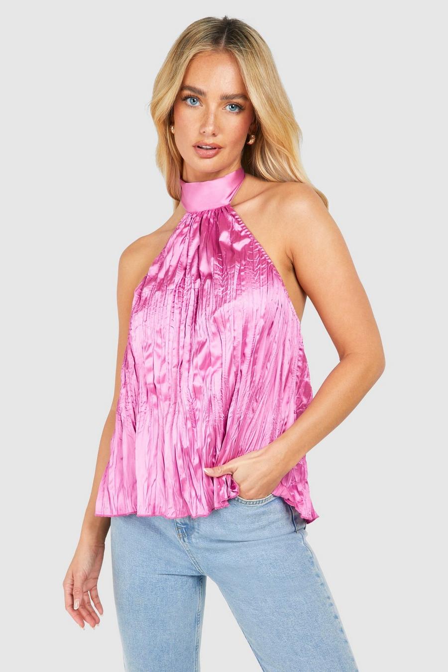 Blusa de raso texturizada con escote halter, Pink