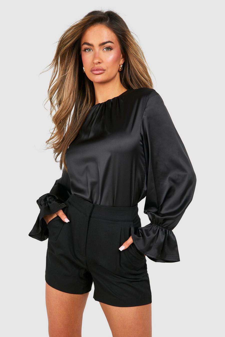 Black Satijnen Blouse Met Shirtmouwen