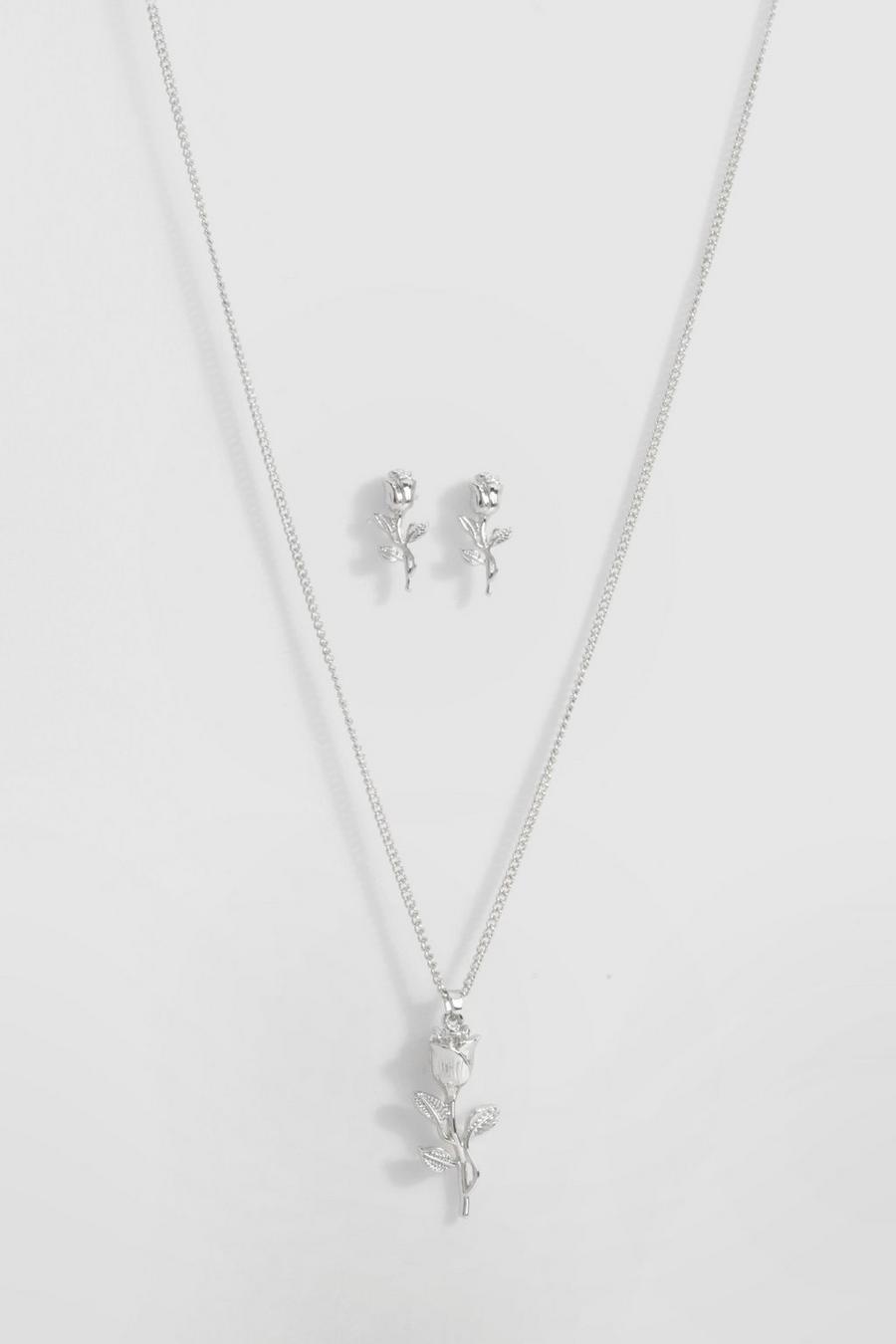 Silver Delicate Rose Detail Necklace & Earring Set image number 1