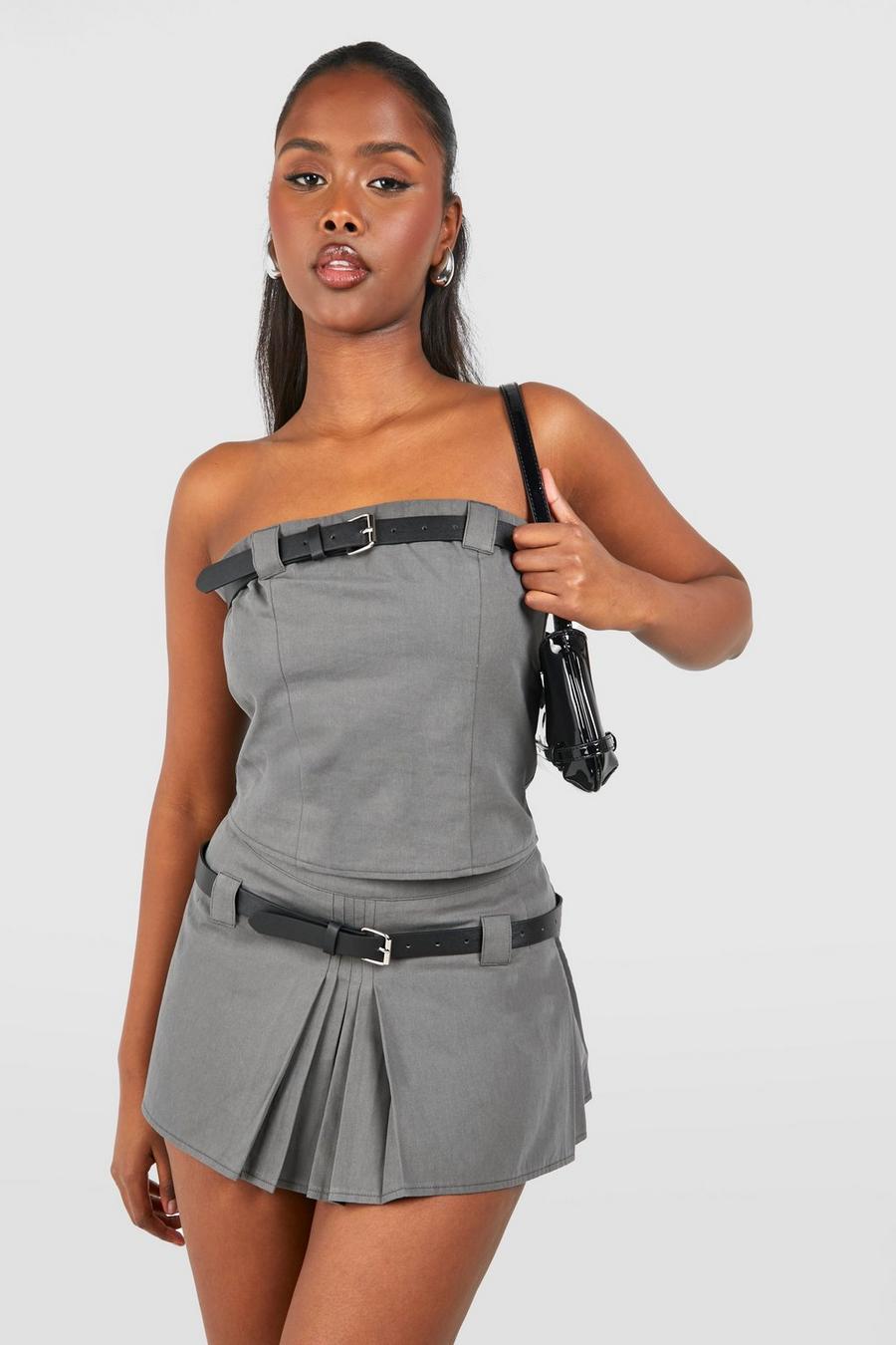 Vestido mini plisado con cinturón, Slate grey