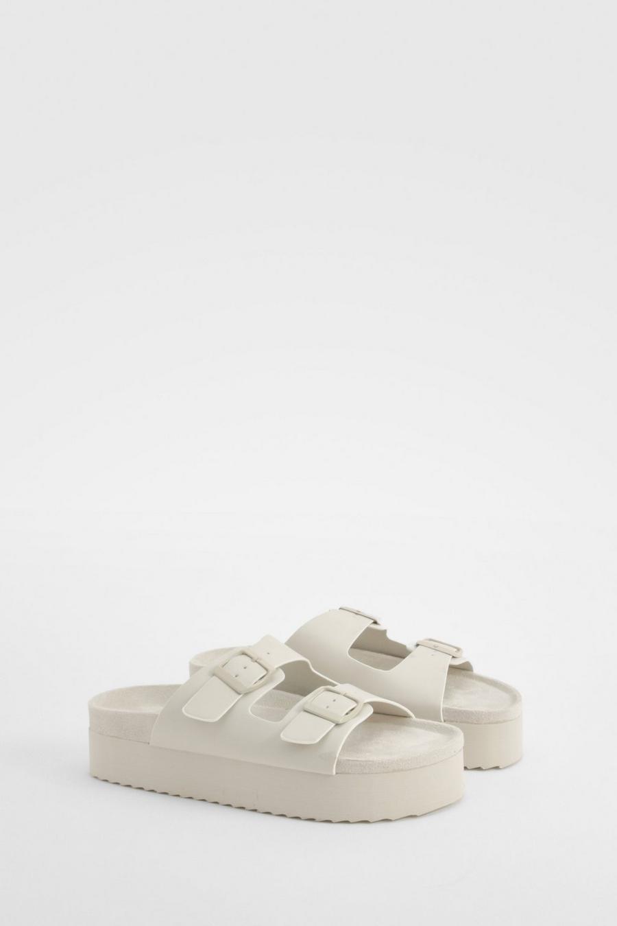 White Platform Double Strap Footbed Buckle Sliders    