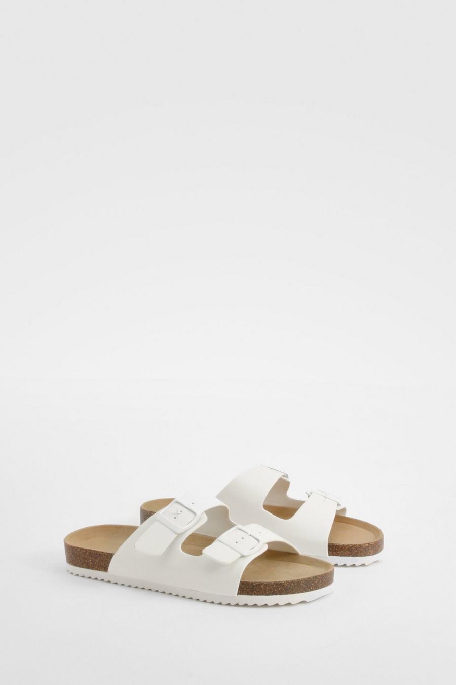 White Double Strap Footbed Buckle Sliders   