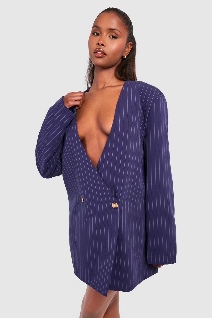 Robe blazer rayée oversize sans col, Navy