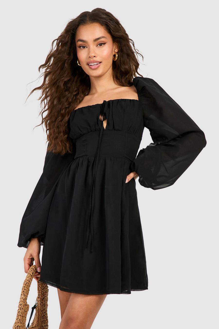 Black Chiffon Blouson Sleeve Milkmaid Mini Dress image number 1