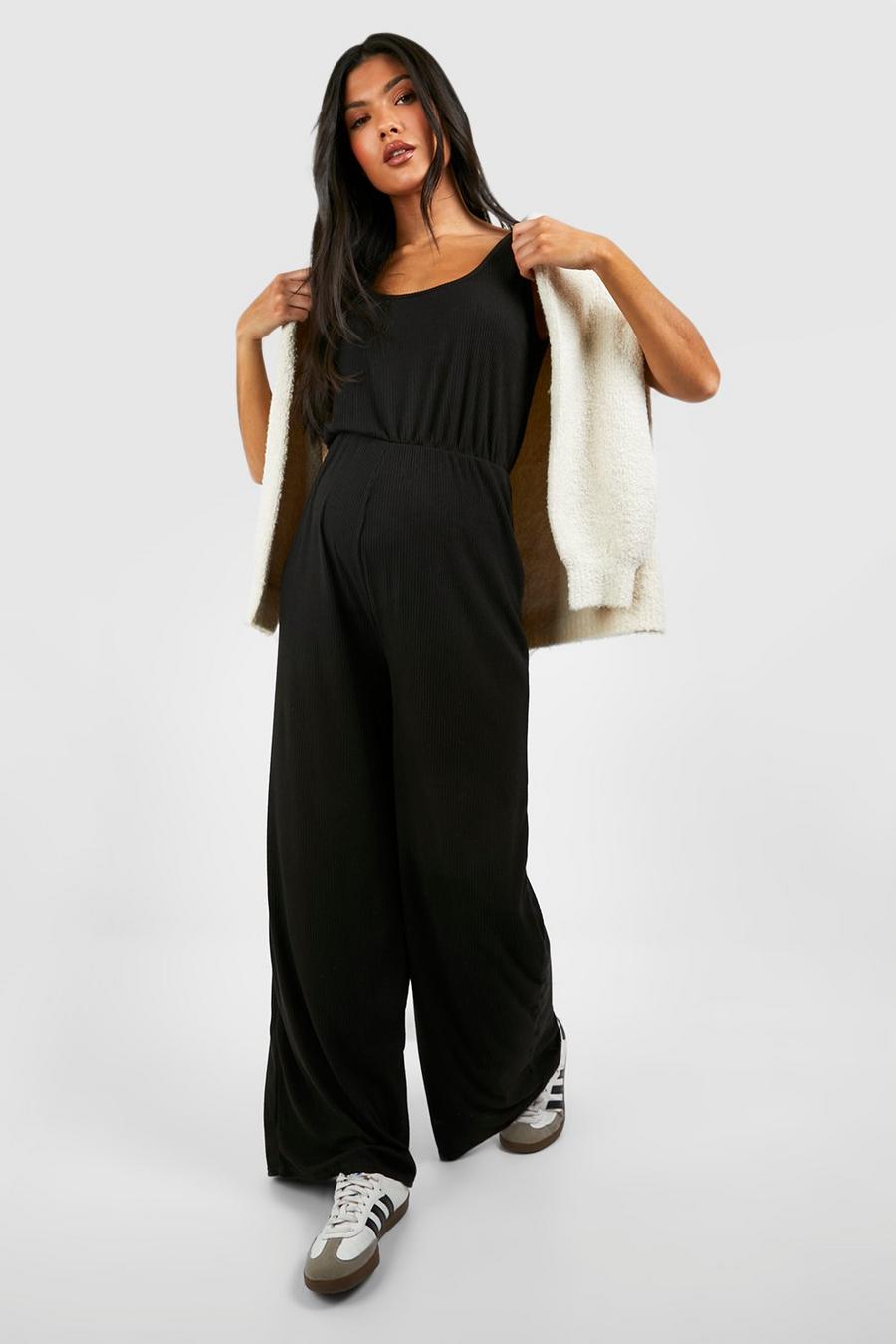 Black Maternity Soft Rib Slouchy Sleevless Jumpsuit