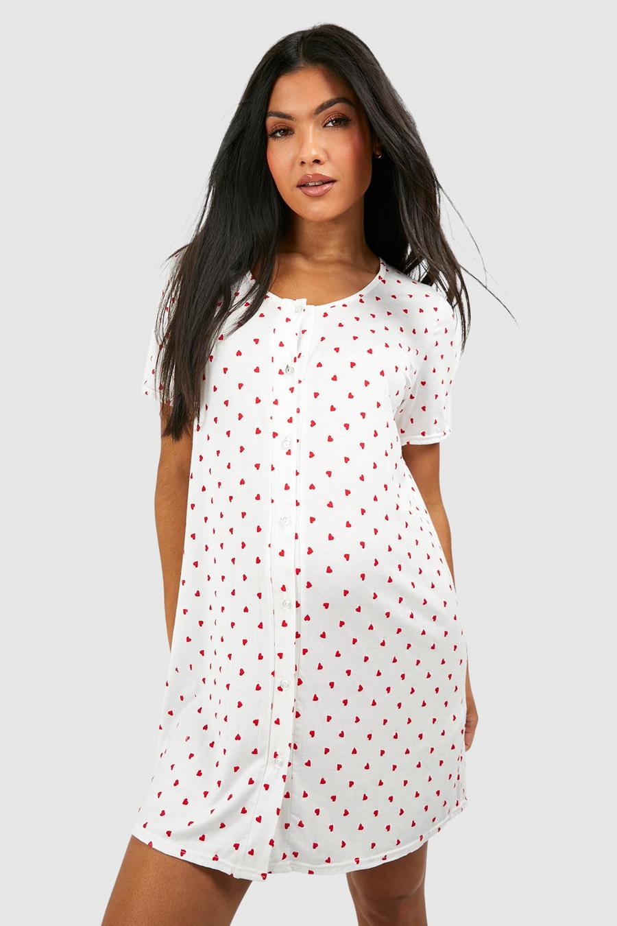 Cream Maternity Button Through Heart Print Nightgown