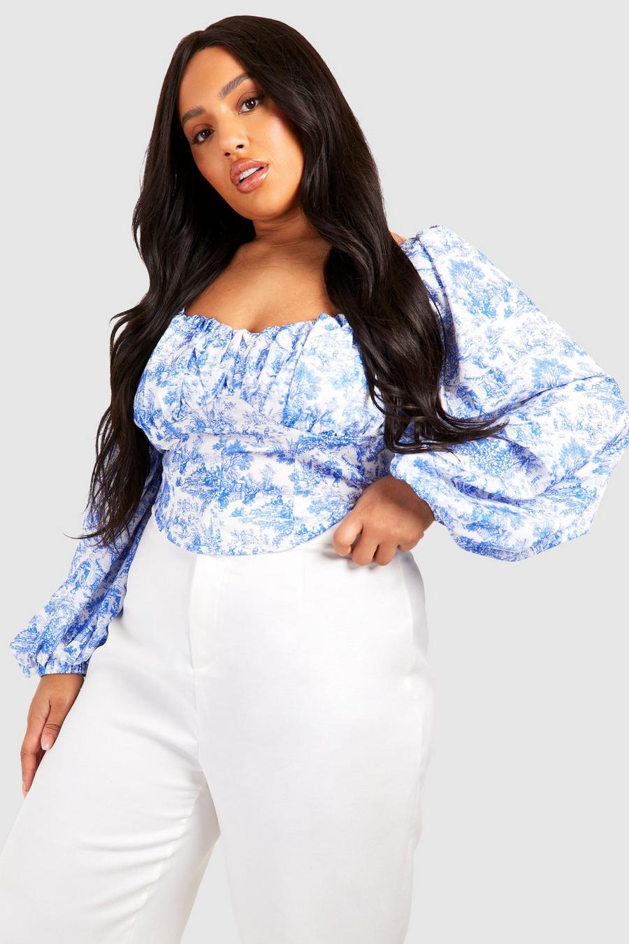 Top a corsetto Plus Size con motivi stile porcellana e ruches sul busto, Blue