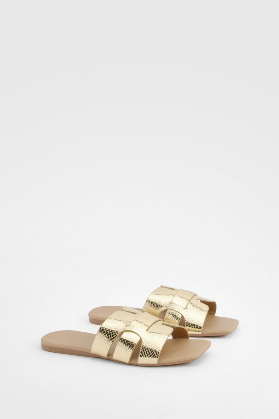 Wide Fit Square Toe Woven Mules, Gold
