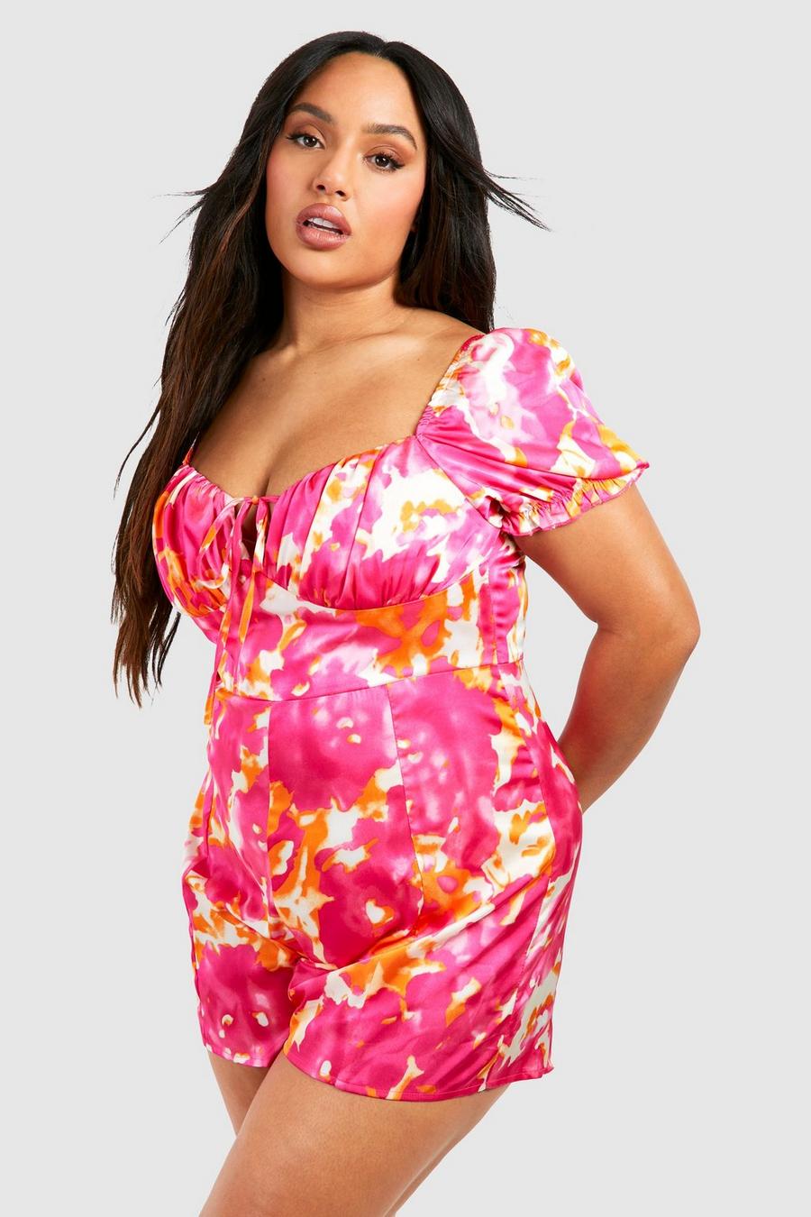 Pink Plus Floral Print Ruched Sweetheart Romper image number 1