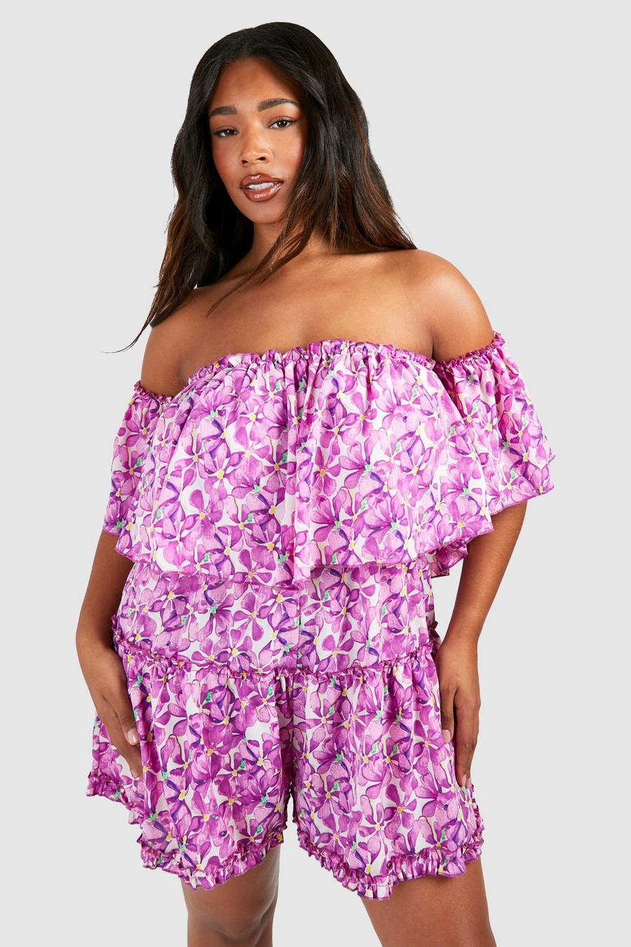 Lilac Plus Woven Ditsy Floral Off The Shoulder Ruffle Romper image number 1