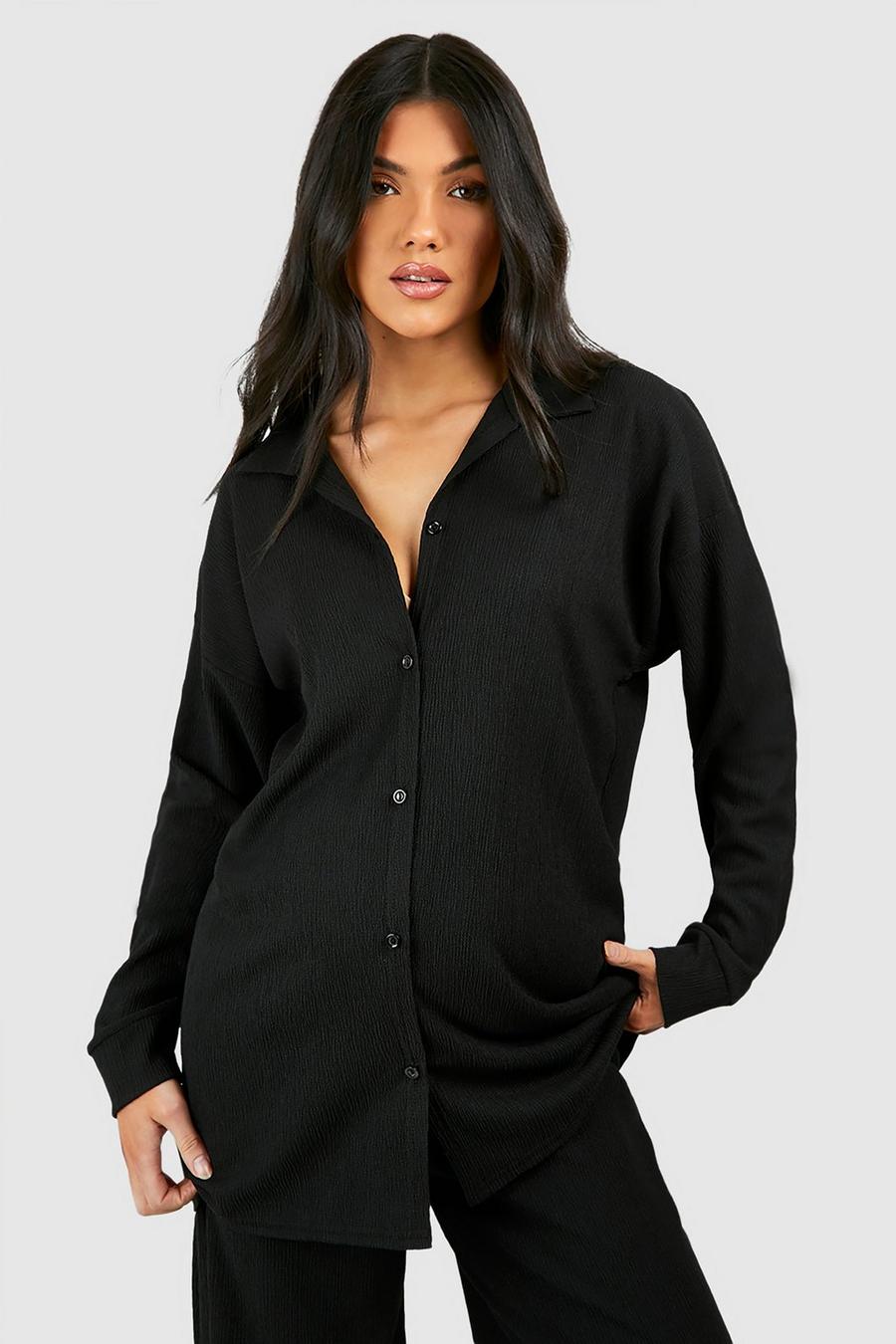 Black Maternity Button Down Oversized Textured Shirt