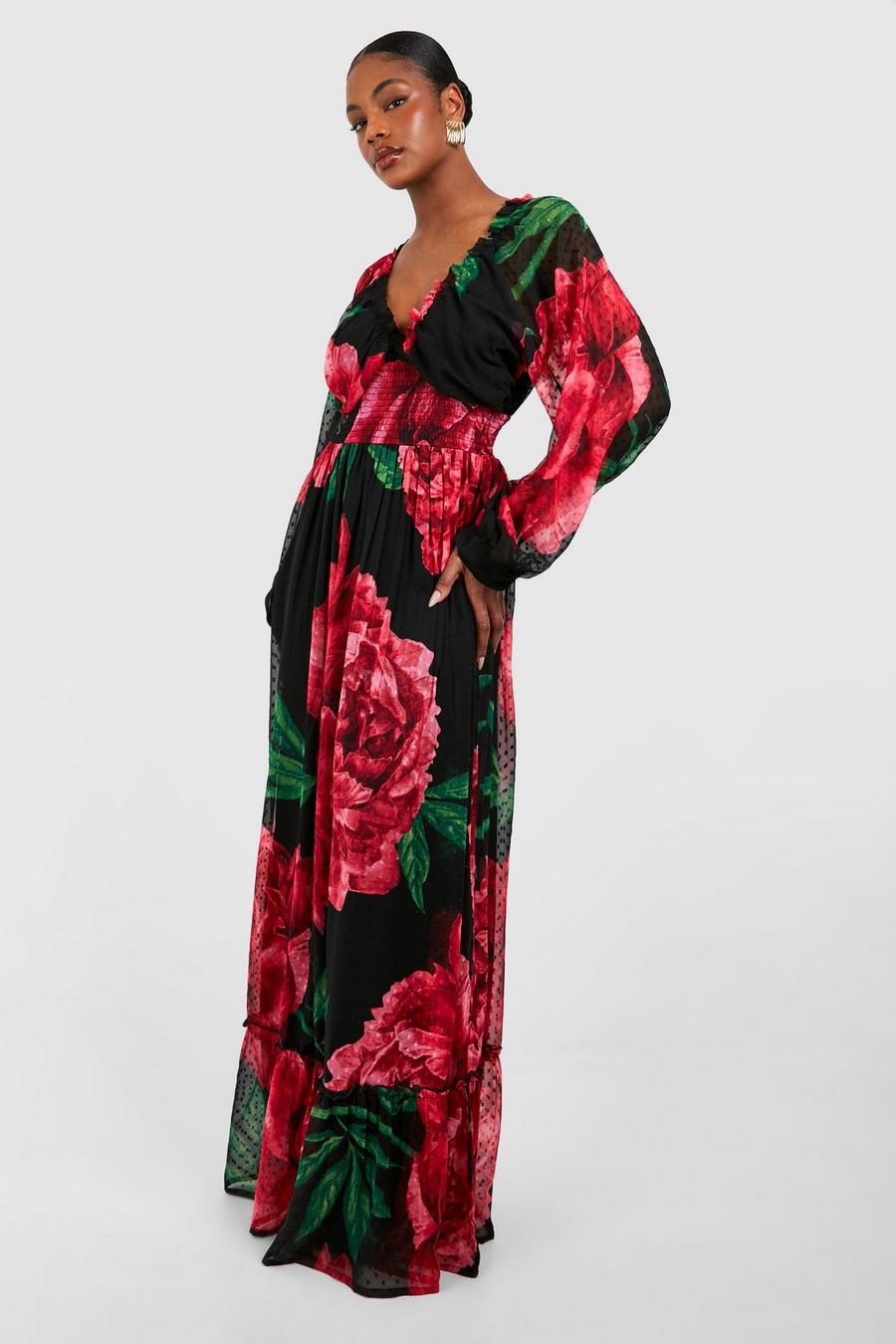 Black Tall Floral Print Dobby Shirred Maxi Dress