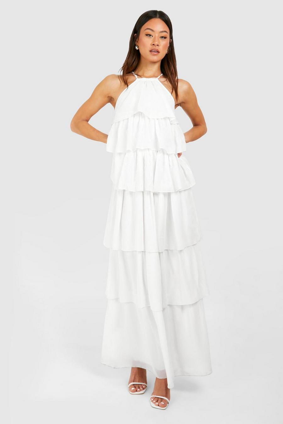 White Tall Chiffon Ruffle Maxi Dress  image number 1