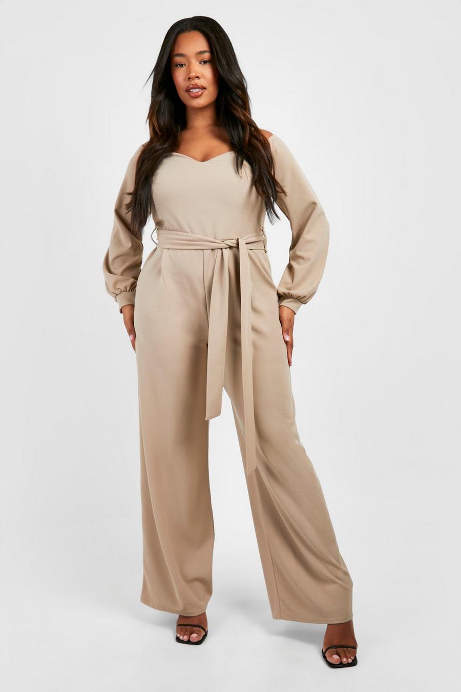 Taupe Plus Sweetheart Neck Long Sleeve Wide Leg Jumpsuit 