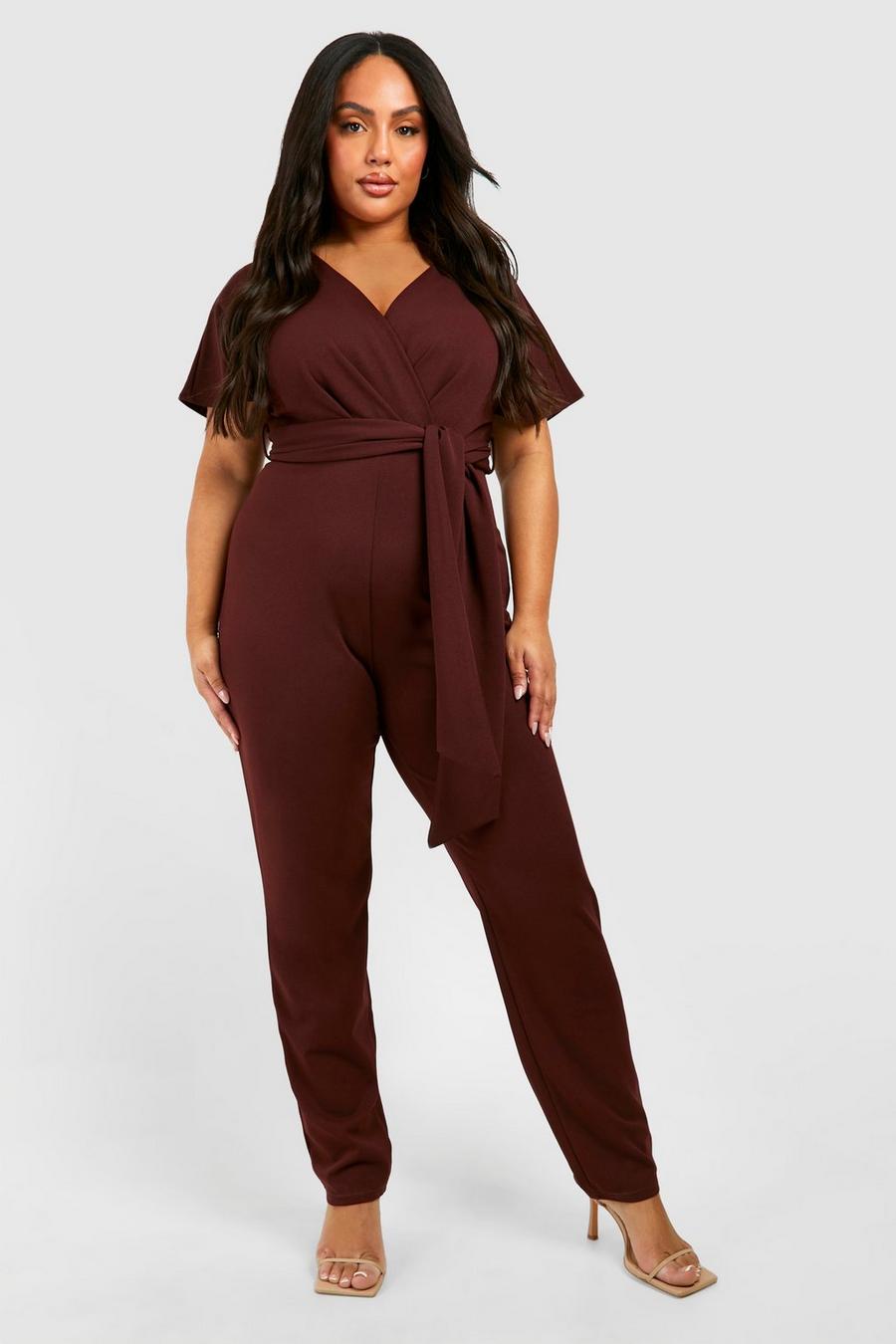Chocolate Plus V Neck Belted Straight Leg Jumpsuit 