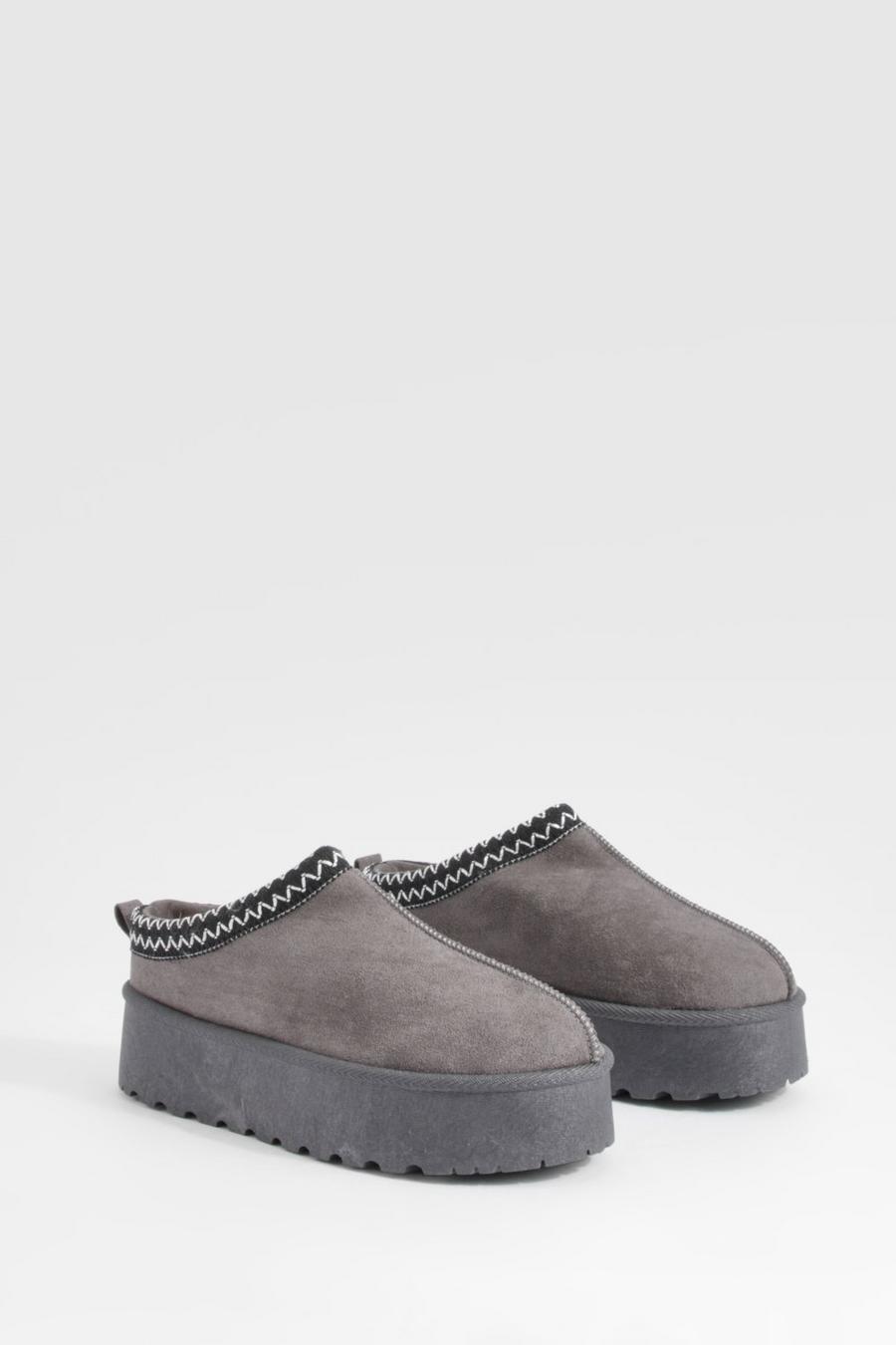 Grey Platform Embroidered Cosy Mules    