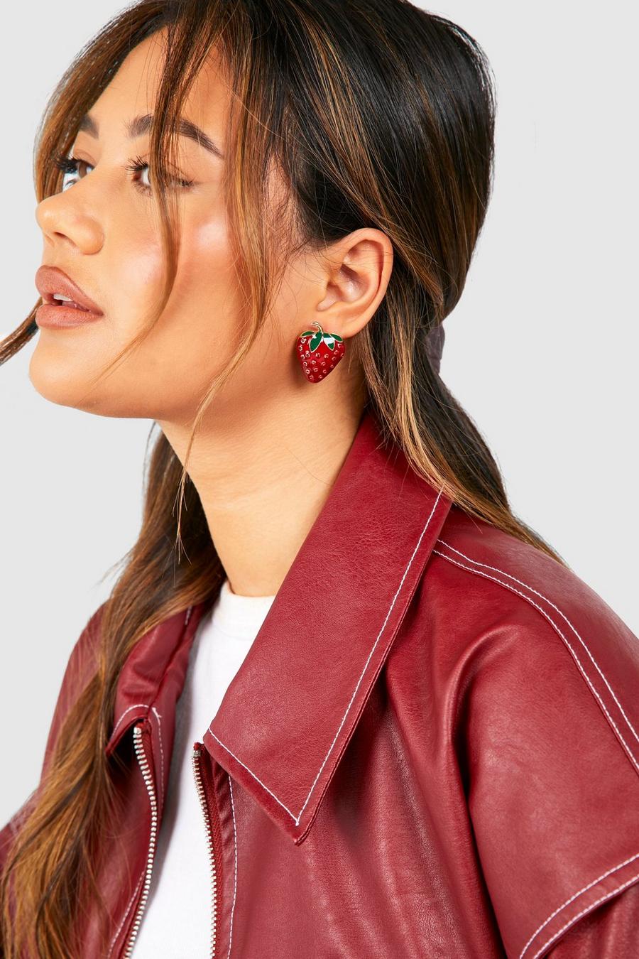Red Oversized Embellished Strawberry Stud Earring image number 1