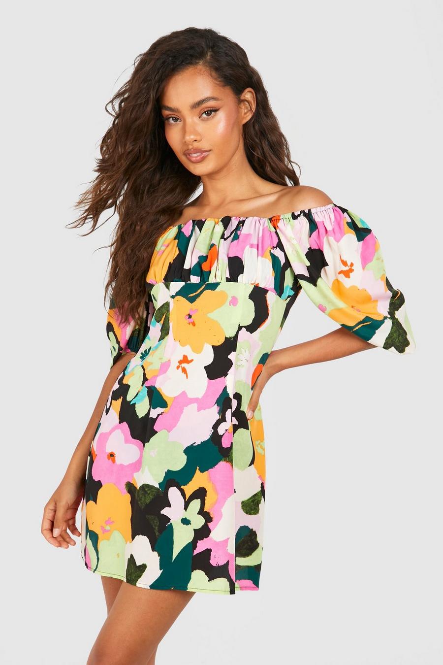 Multi Bright Floral Puff Sleeve Smock Dress image number 1