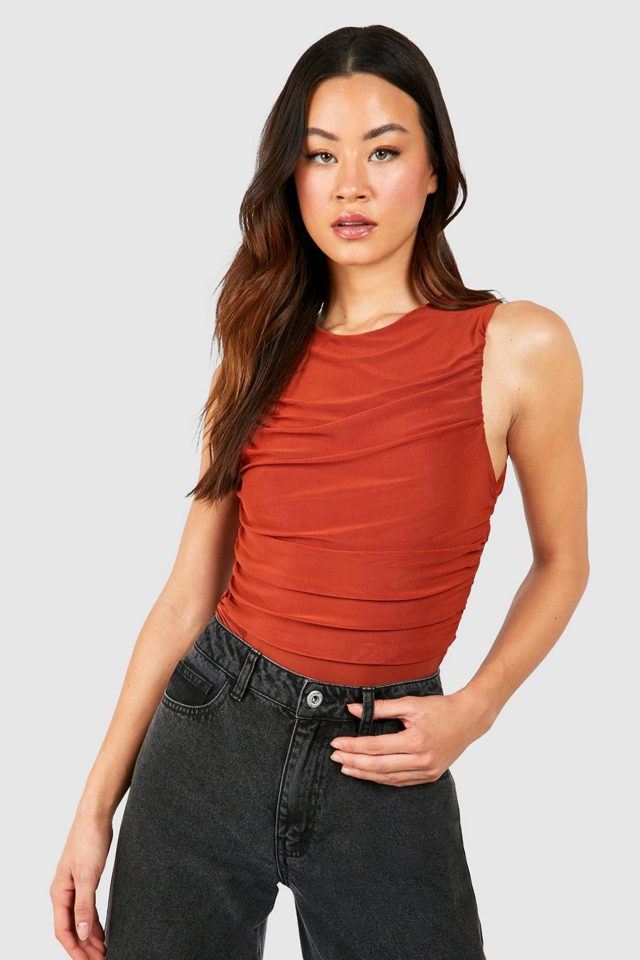 Rust Tall Mesh Racer Draped Bodysuit 