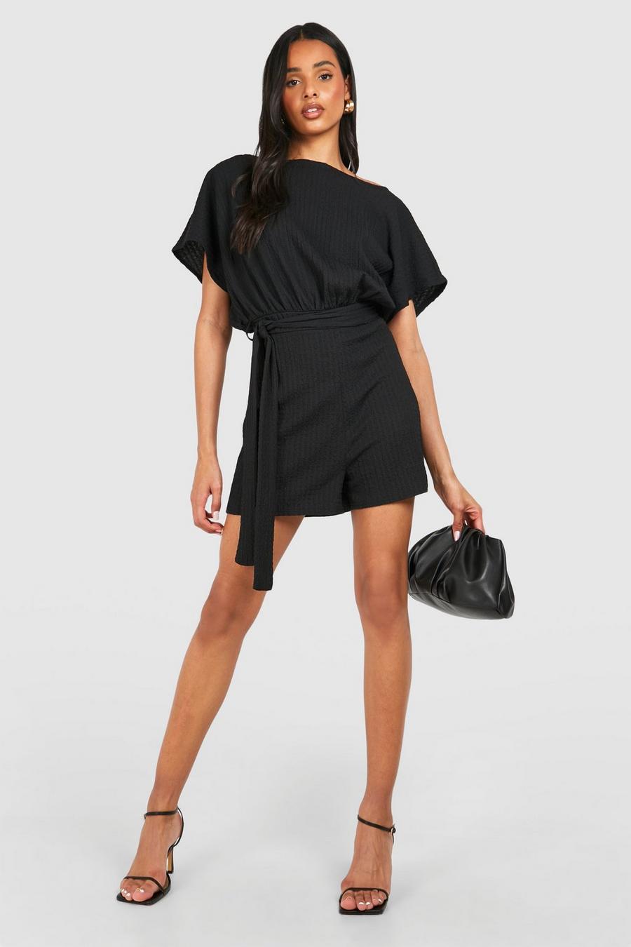 Black Tall Crinkle Belted Playsuit