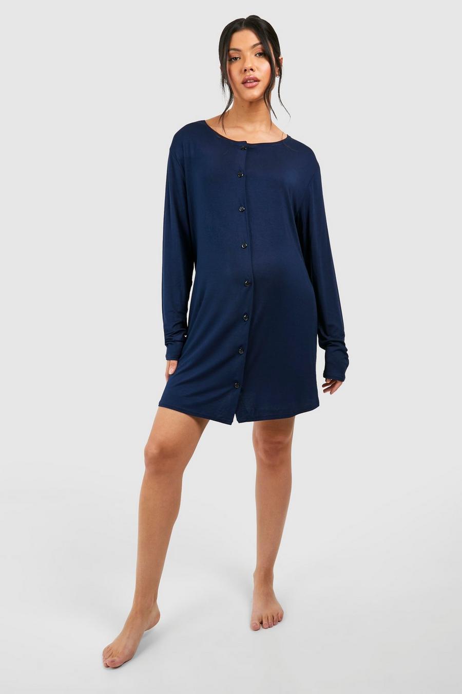 Navy Maternity Long Sleeve Peached Jersey Knit Button Down Nightgown