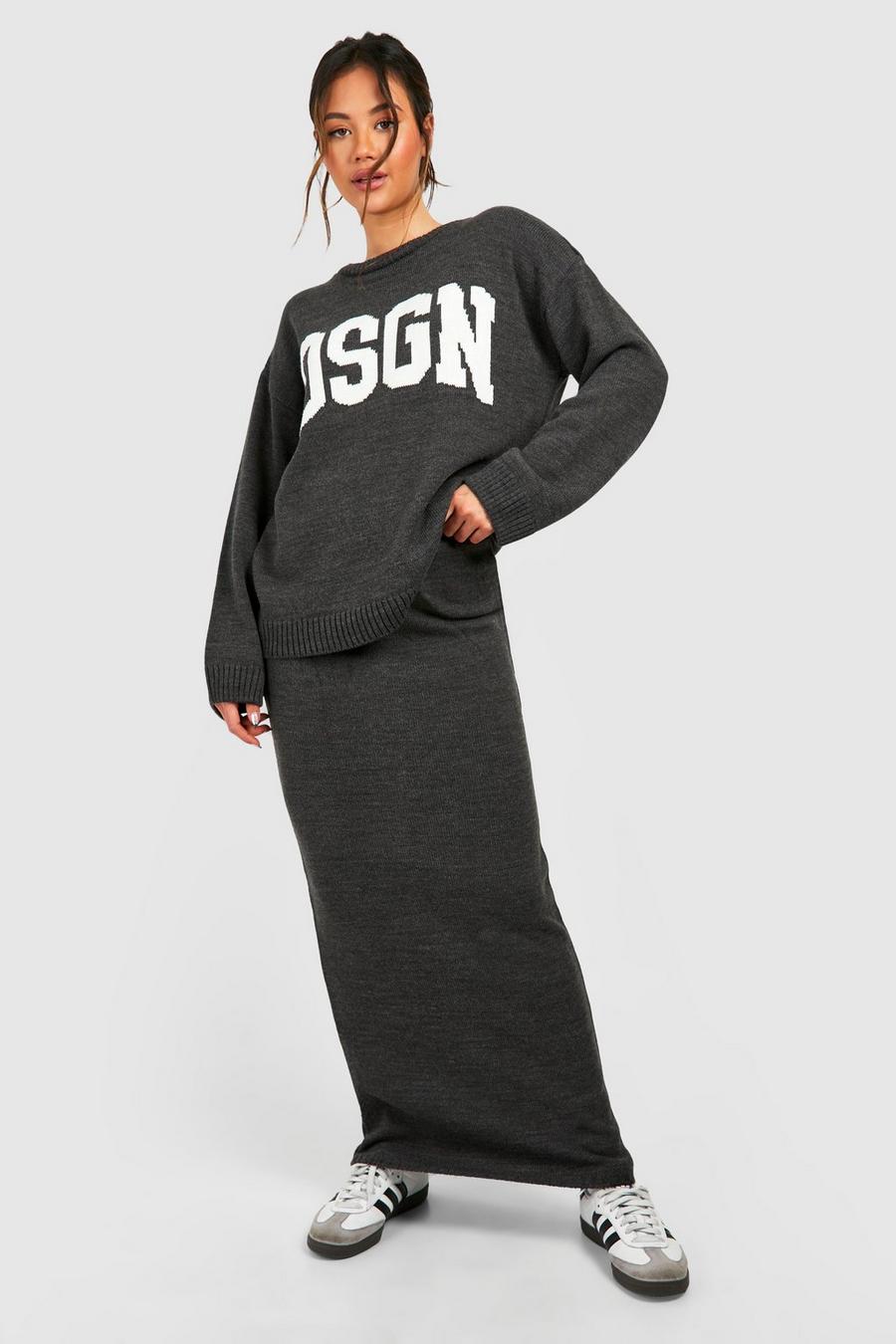 Charcoal Dsgn Crew Neck Knitted Jumper And Maxi Skirt Set