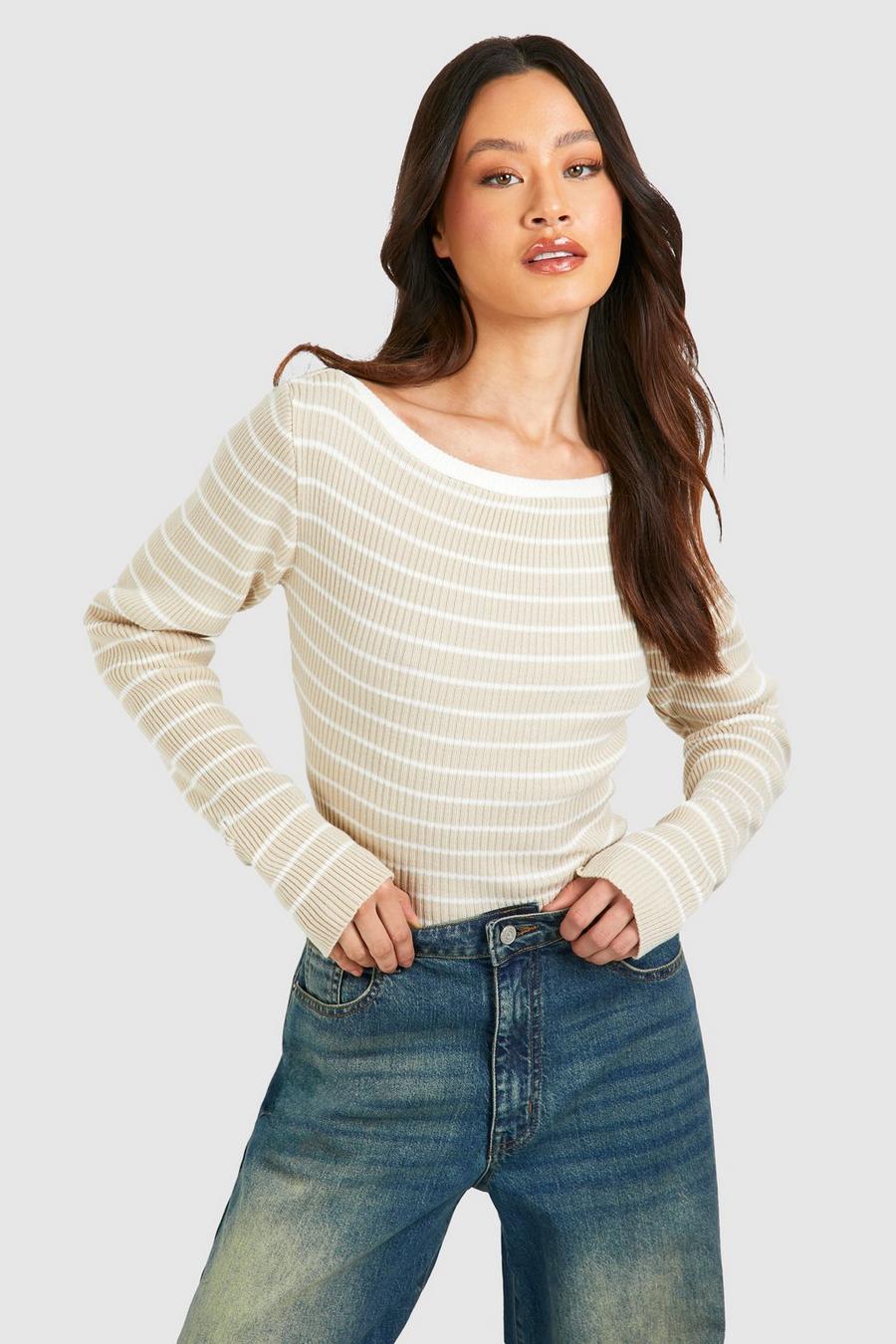 Stone Tall Lightweight Knitted Stripe Low Back Jumper  image number 1