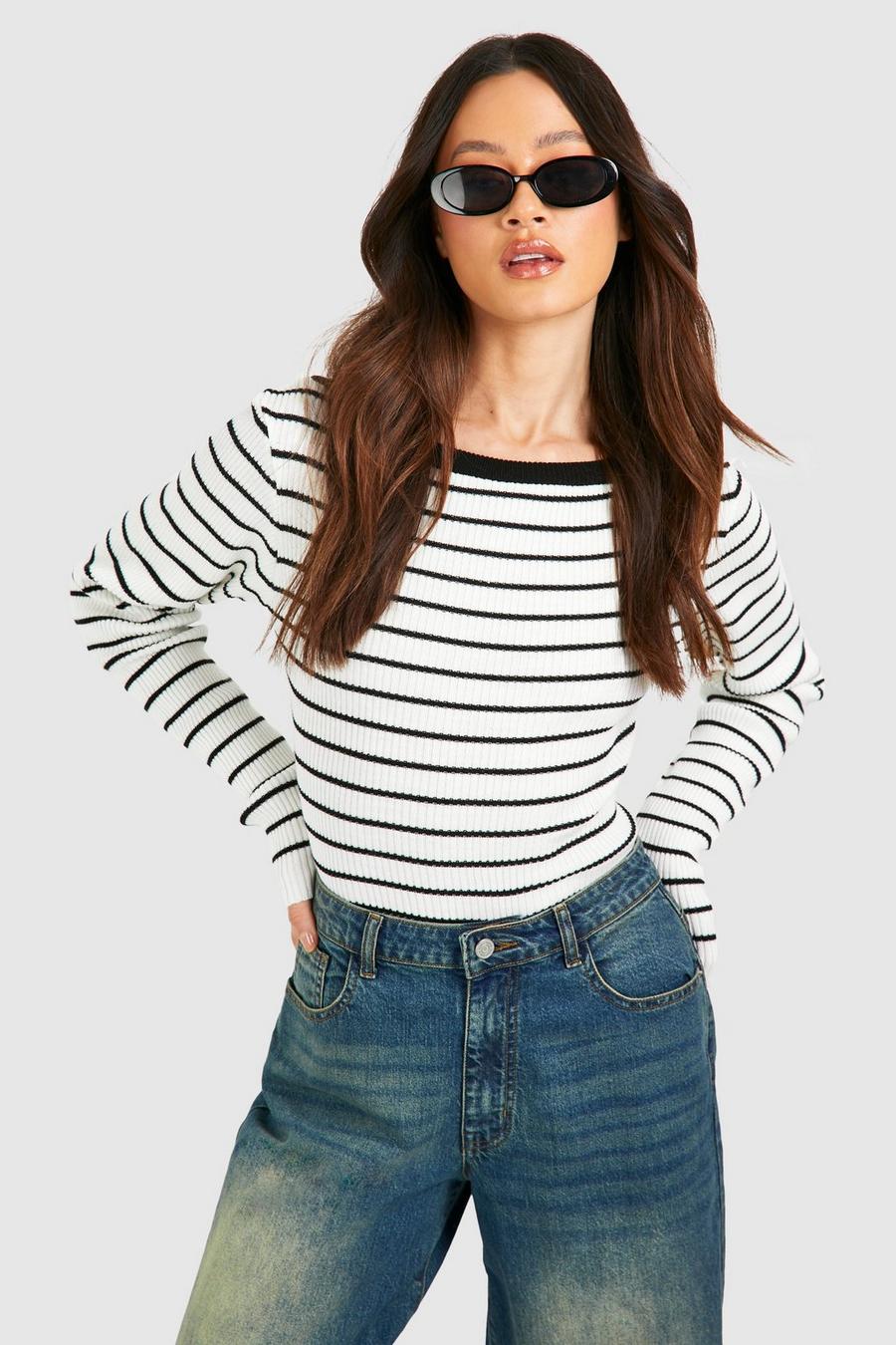 White Tall Lightweight Knitted Stripe Low Back Jumper 