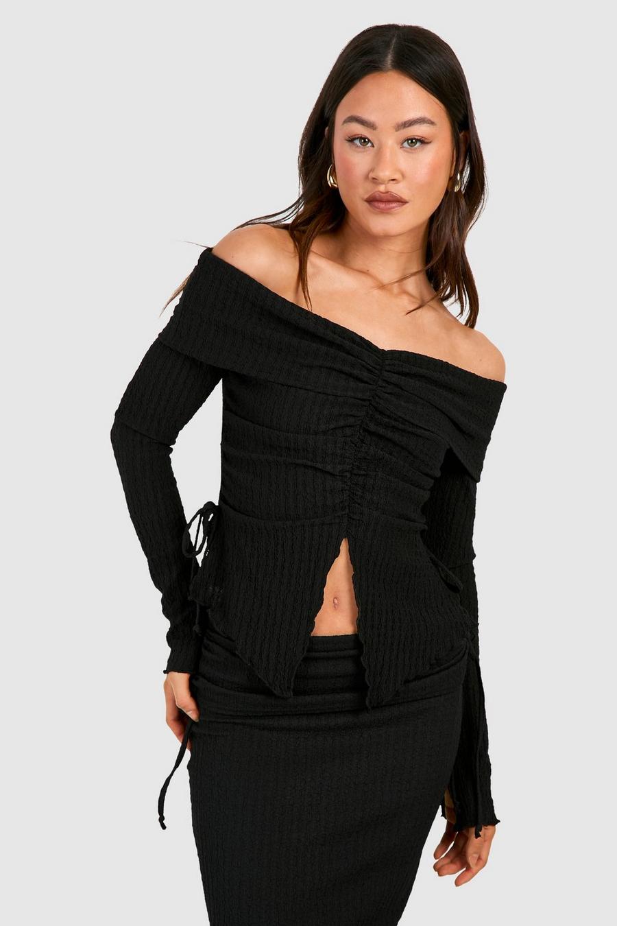 Black Tall Crinkle Bardot Ruched Detail Top 
