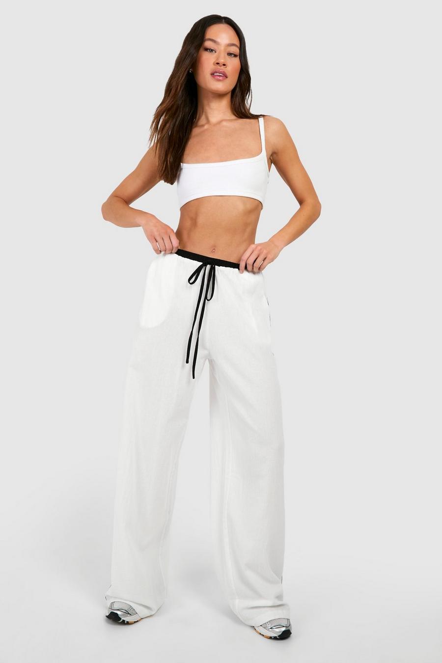 White Tall Linnen Wide Leg Broek Met Contrasterende Biezen