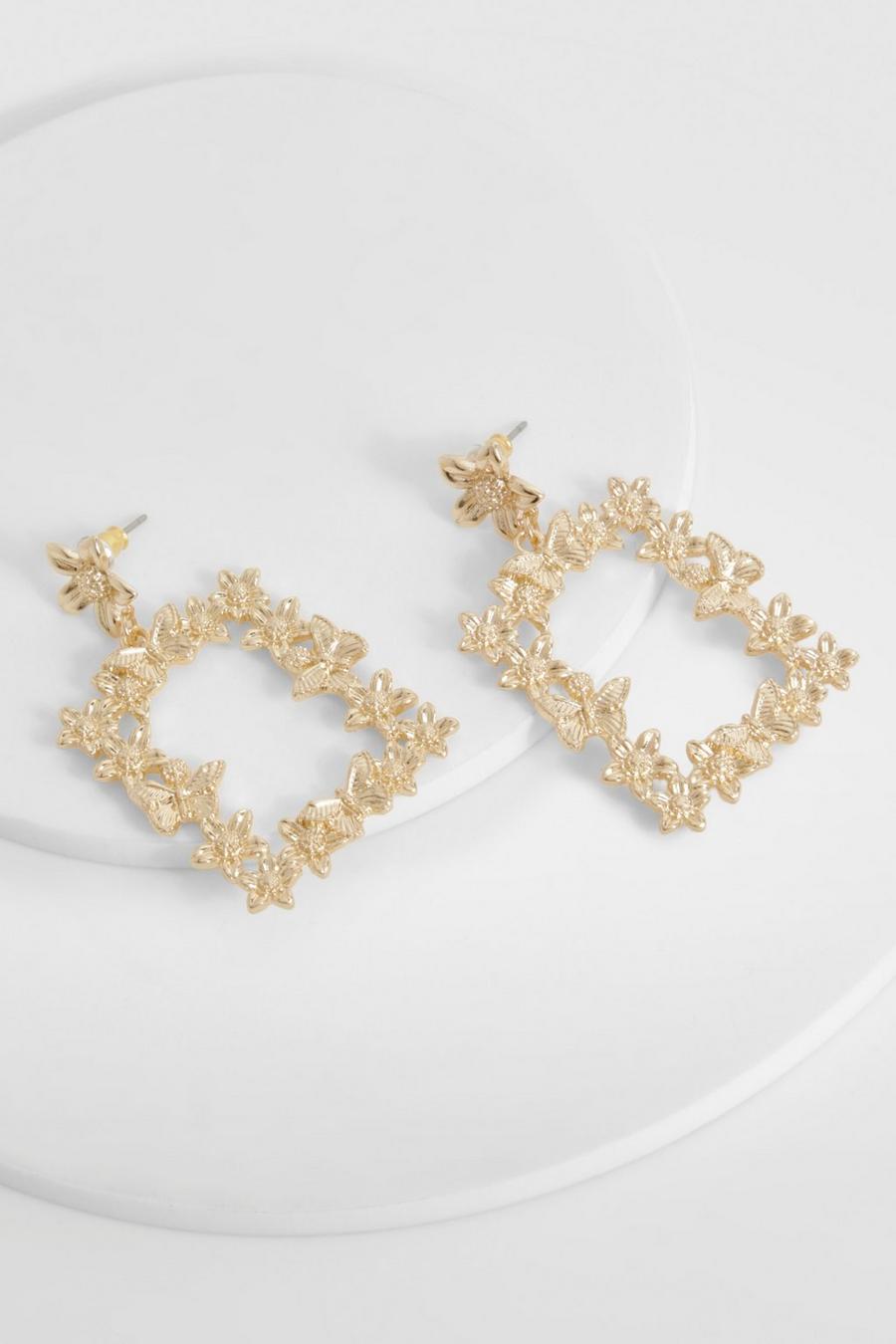 Boucles d'oreilles pendantes fleuries, Gold image number 1