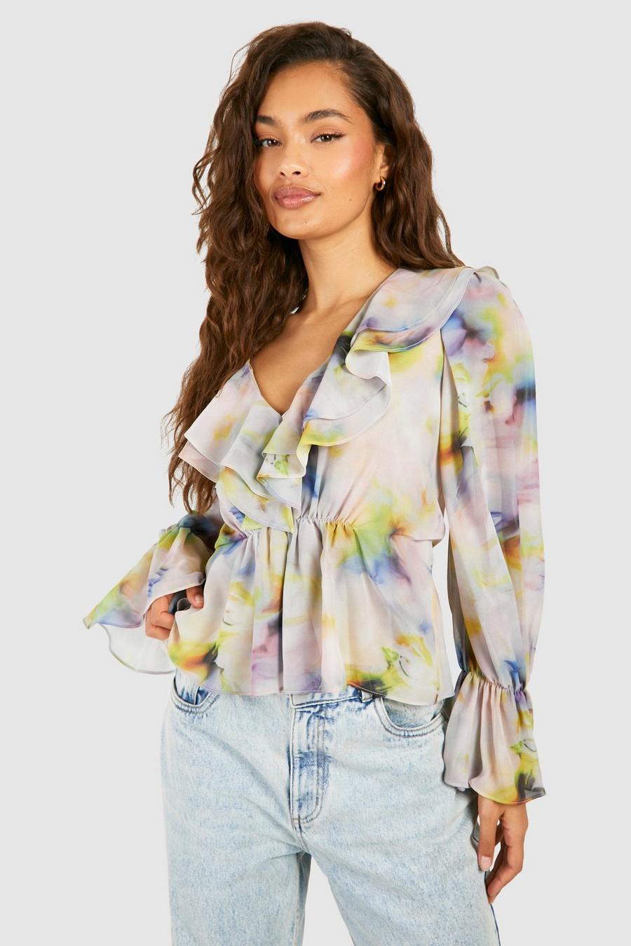 Lilac Blurred Floral Chiffon Ruffle Blouse image number 1