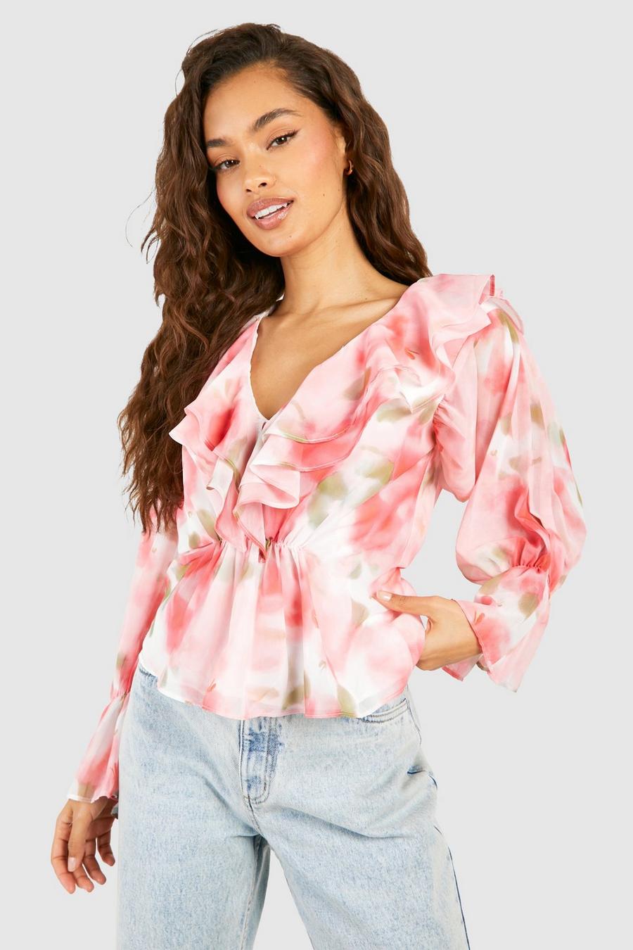 Pink Blurred Floral Chiffon Ruffle Blouse  image number 1
