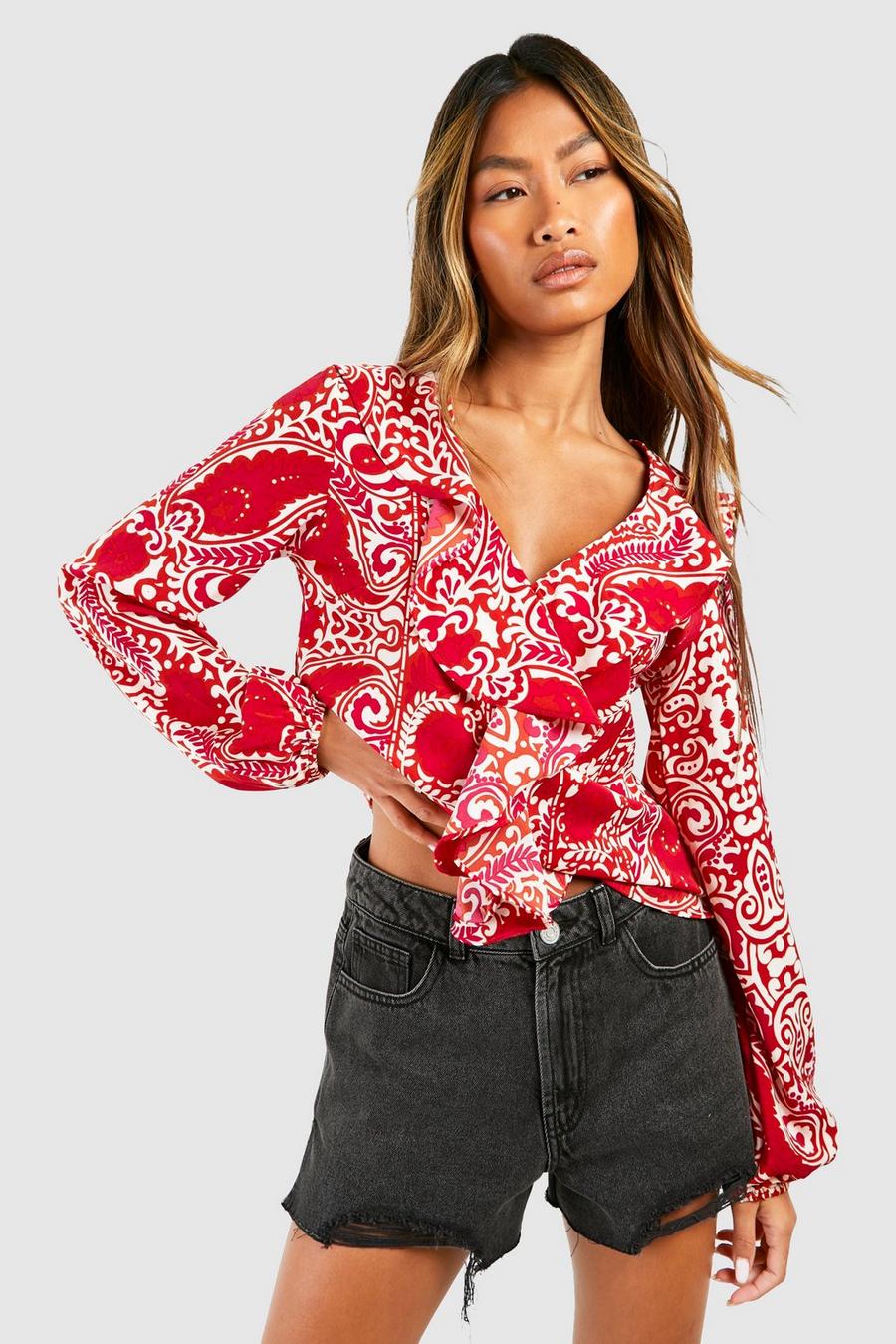 Red Paisley Blouse Met Ruches image number 1