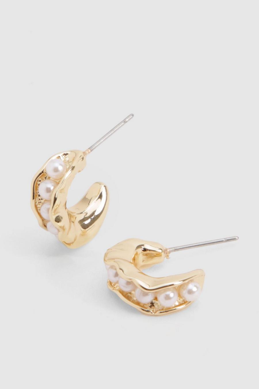 Gold Pearl Hammered Hoop Earrings image number 1