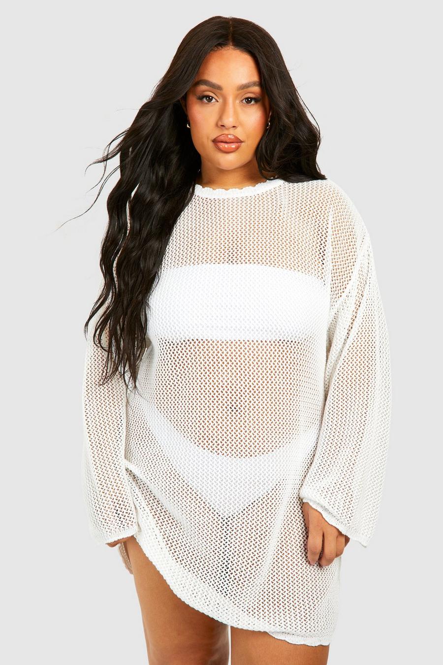 Cream Plus Knitted Crochet Beach Dress image number 1