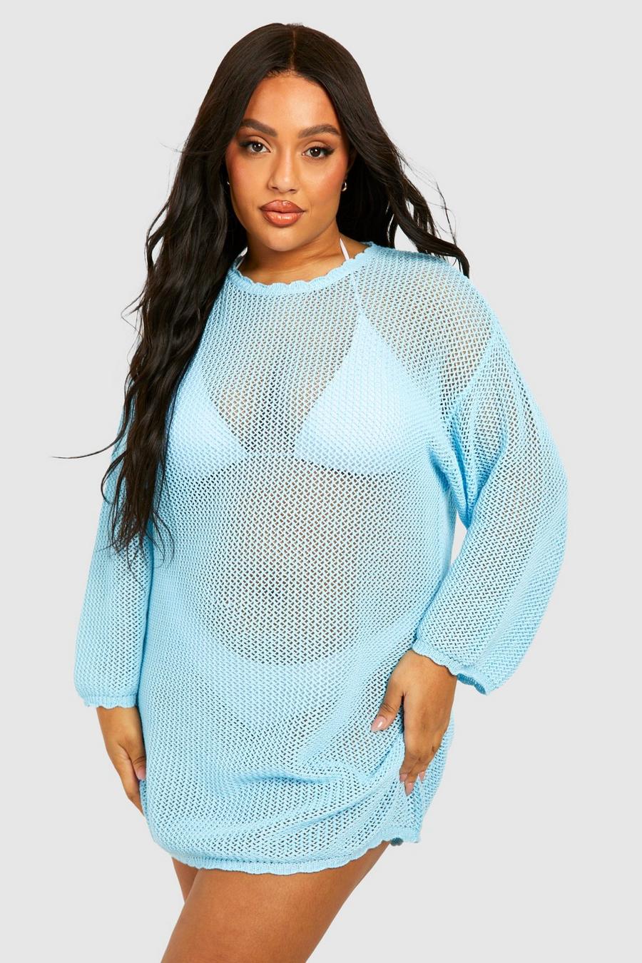 Baby blue Plus Knitted Crochet Beach Dress image number 1