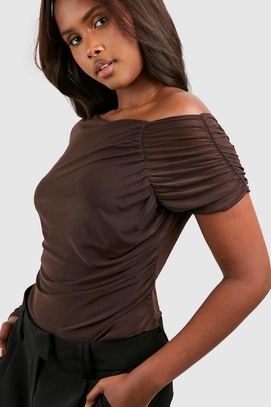 Chocolate Asymmetric Gathered Mesh Top 