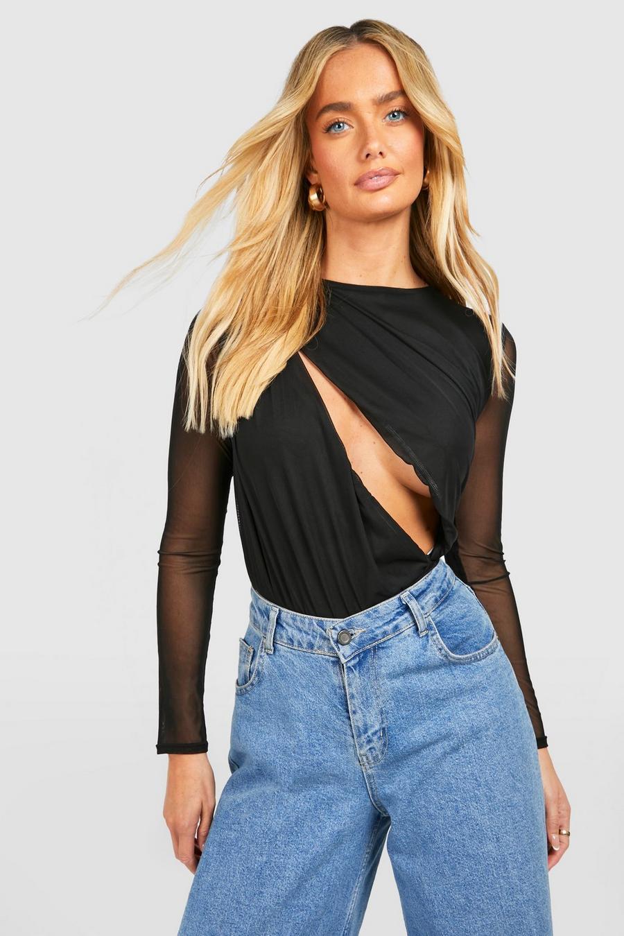 Ruched Mesh Cut Out Long Sleeve Bodysuit , Black