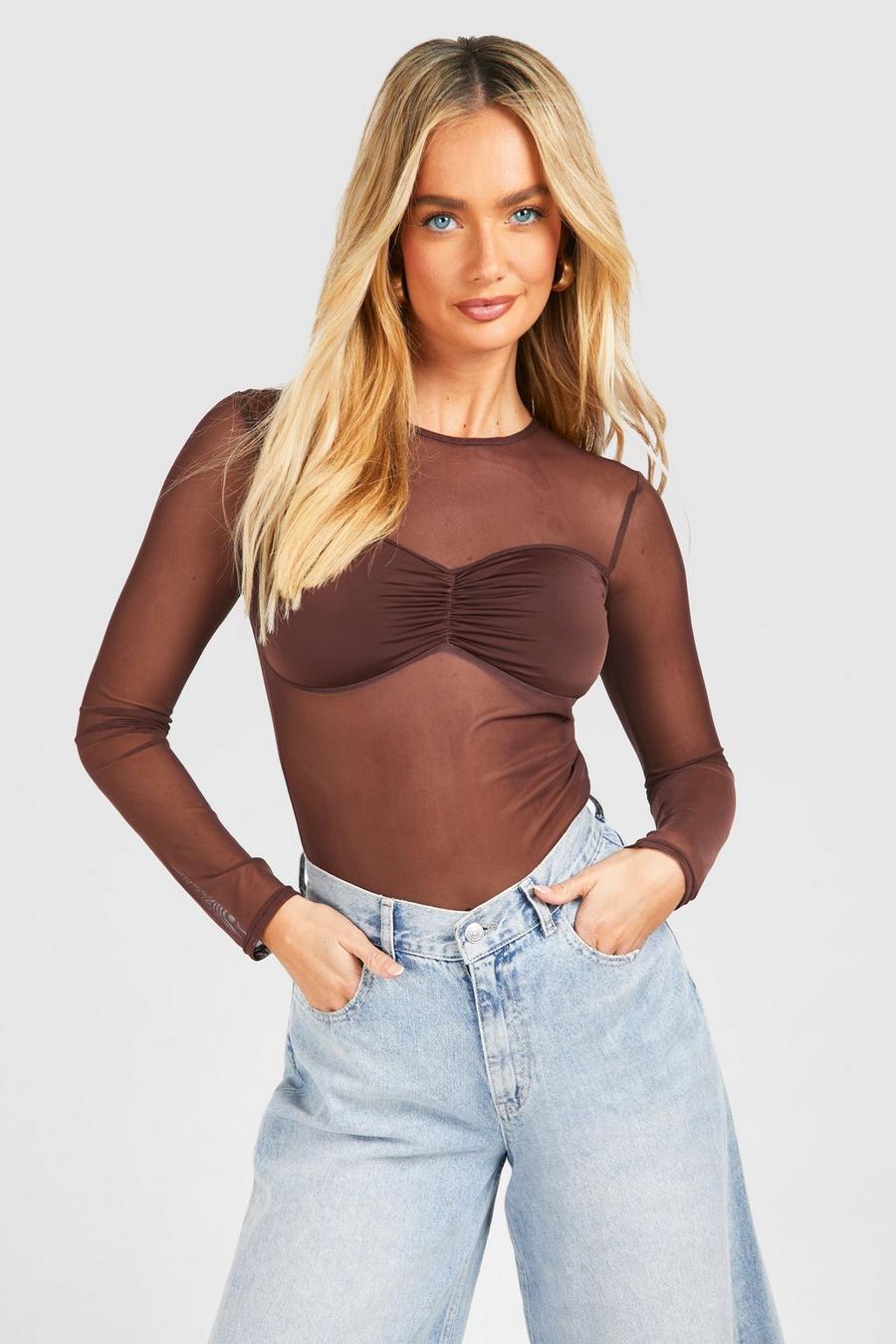 Mesh Slinky Ruched Top , Chocolate